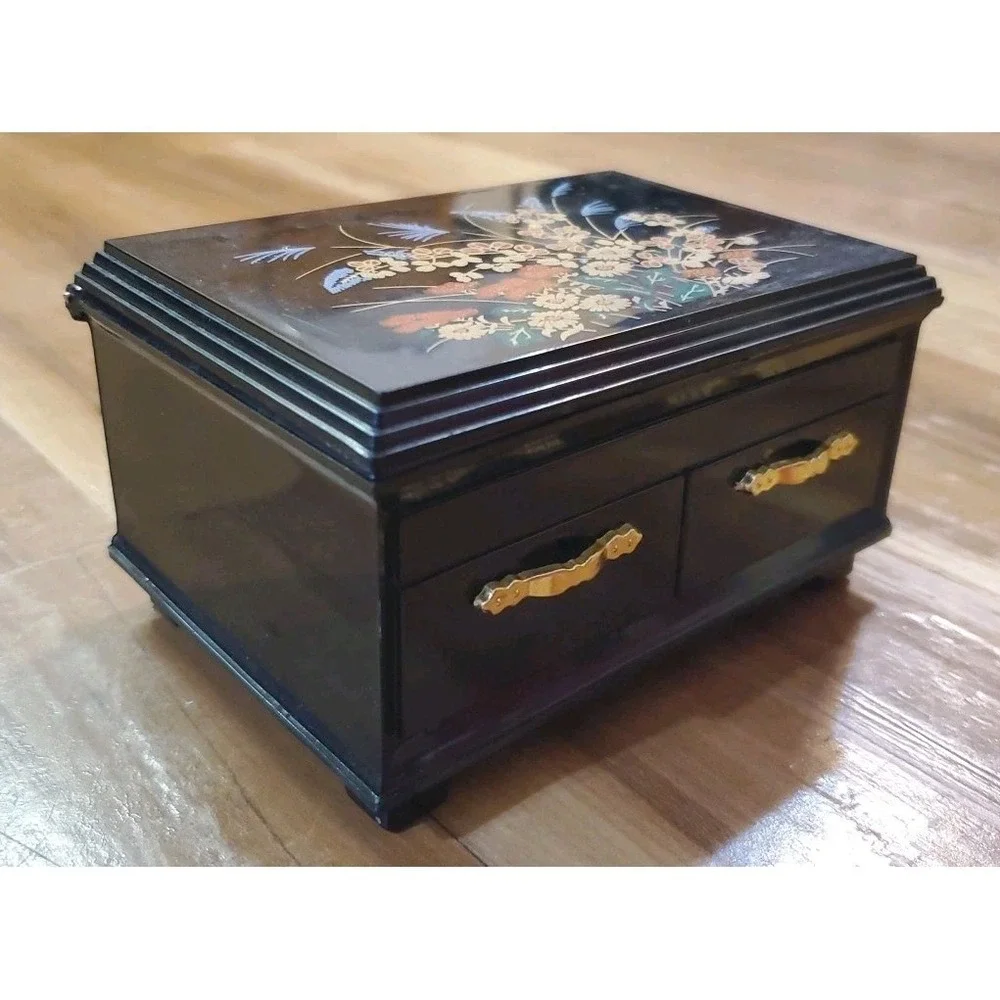 Vintage Asian Jewelry Trinket Box Black Gold‎ Multicolor Floral Motif
